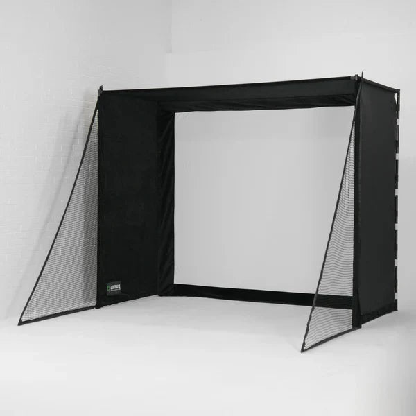Golf simulator enclosure with impact screen and side netting, designed for safe indoor golf practice