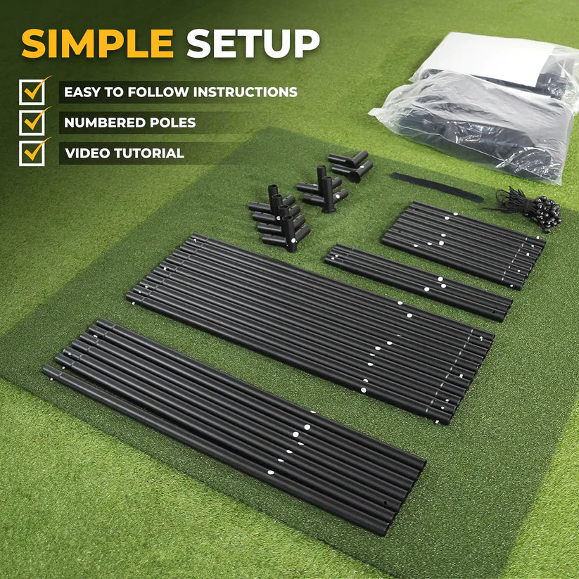 SimSpace Golf Enclosure simple setup – numbered poles, easy instructions and video tutorial for quick tool-free assembly.