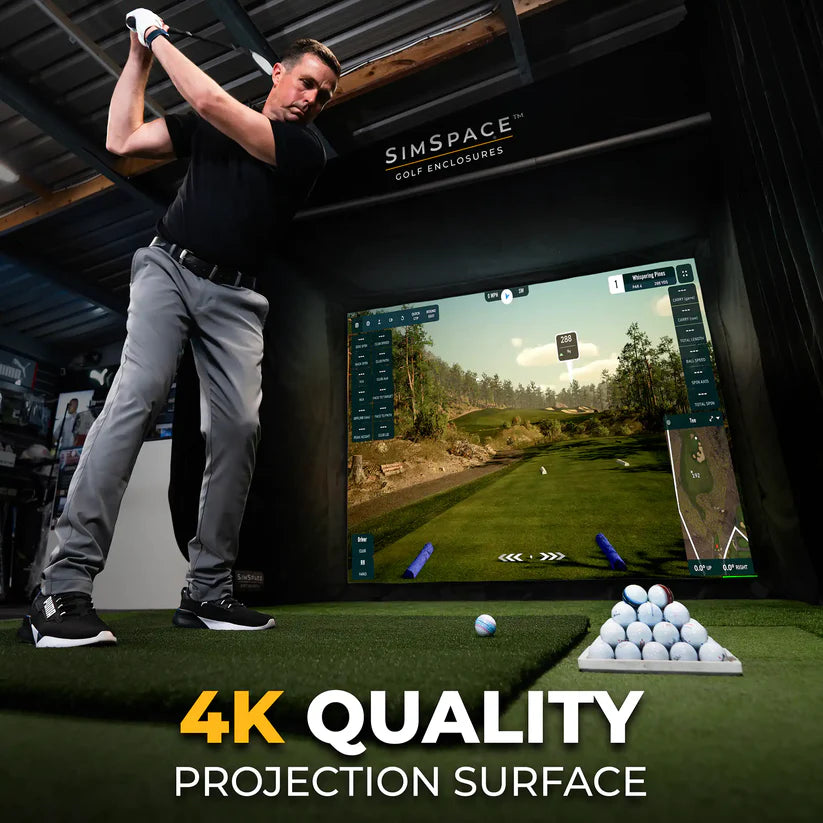 SimSpace Golf Enclosure 4K projection screen – ultra-clear display for realistic indoor golf experience.