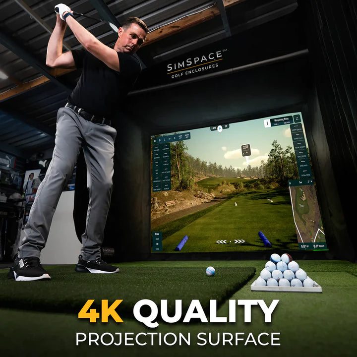 SimSpace Golf Enclosure 4K projection screen – ultra-clear display for realistic indoor golf experience.