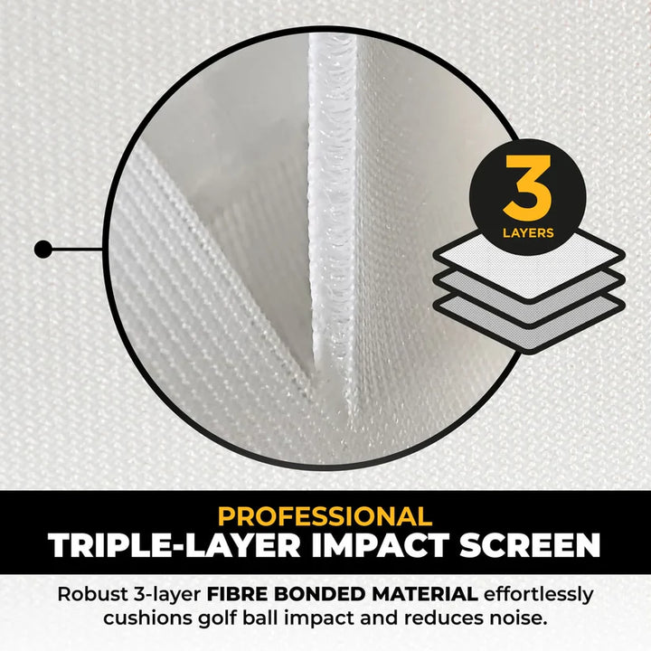 Triple-layer fibre bonded golf impact screen close-up – professional-grade durability and 4K projection quality.
