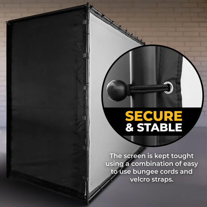 Secure SimSpace enclosure frame with bungee cords and Velcro straps – stable and tight 4K screen tension system.