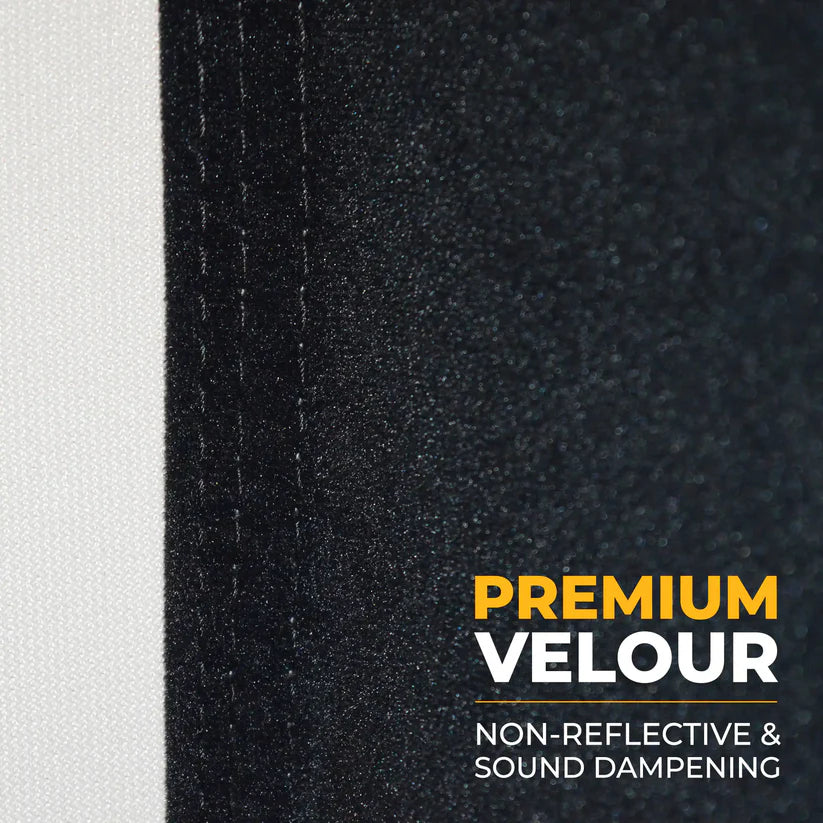 Premium black velour wall and ceiling fabric – non-reflective, sound-absorbing finish for professional golf simulator.