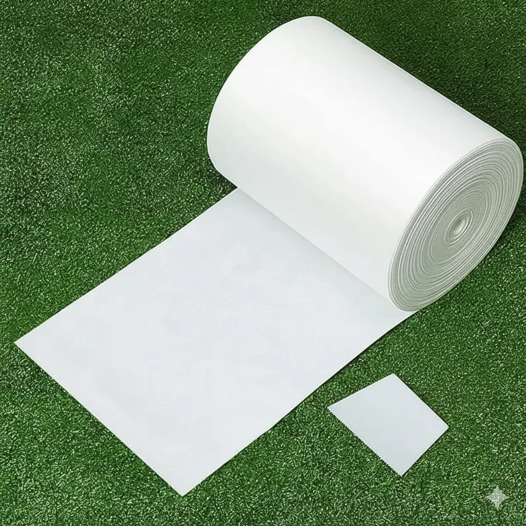 Roll of artificial grass jointing tape on synthetic turf — 4 m white seam tape for connecting putting green sections.