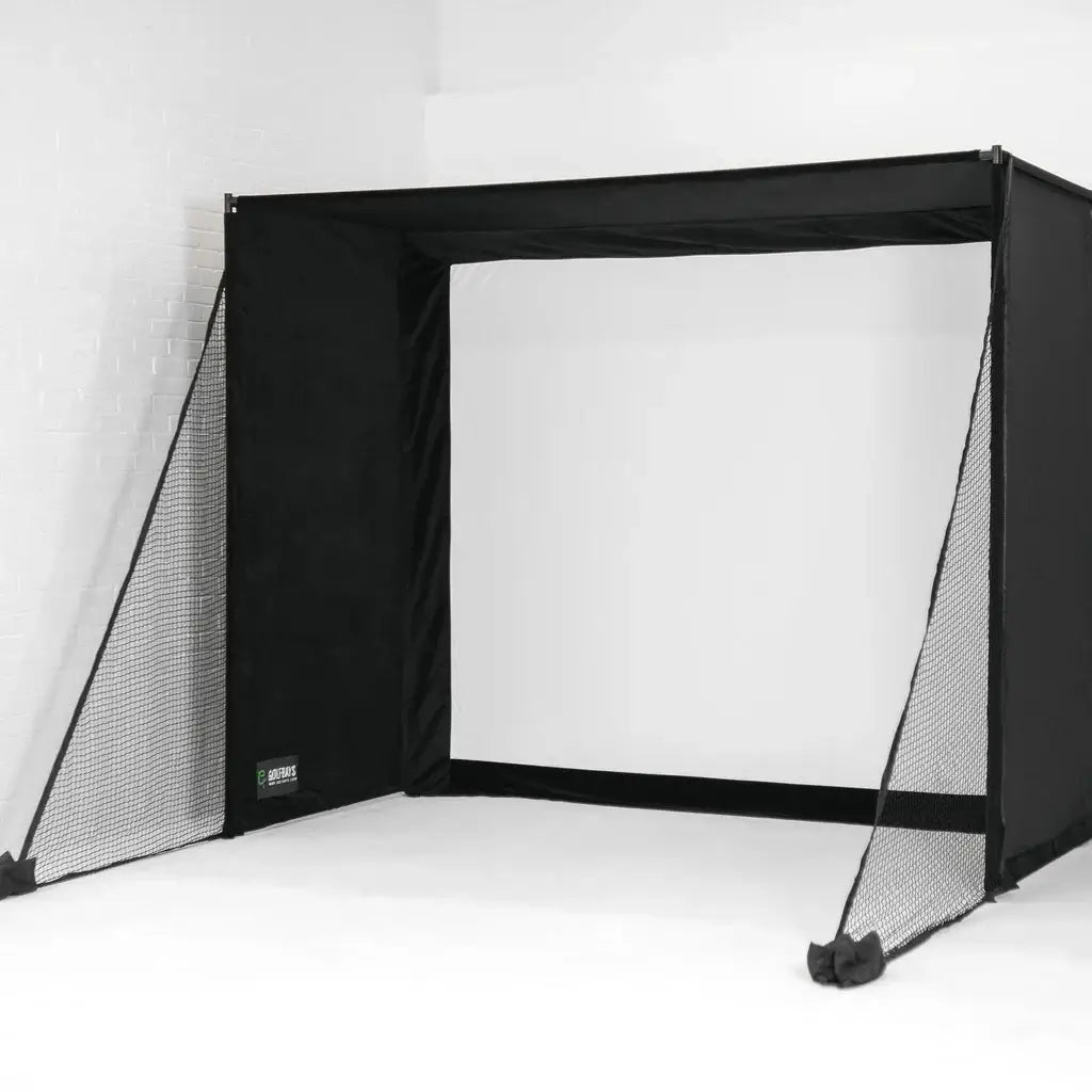 SimBox golf simulator side barriers installed on enclosure