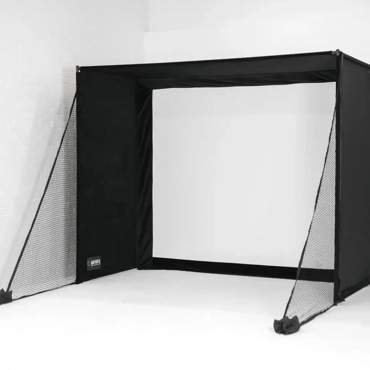 SimBox golf simulator side barriers installed on enclosure