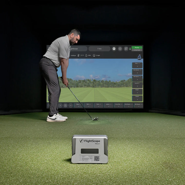 flightscope mevo plus launch monitor indoor with golfer