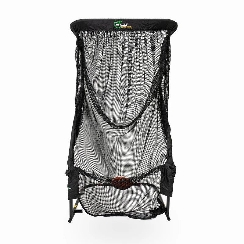 Front view of the Net Return Extra Point Kicking Net with football in the Kick n’ Catch pocket – pro football training net with automatic ball return