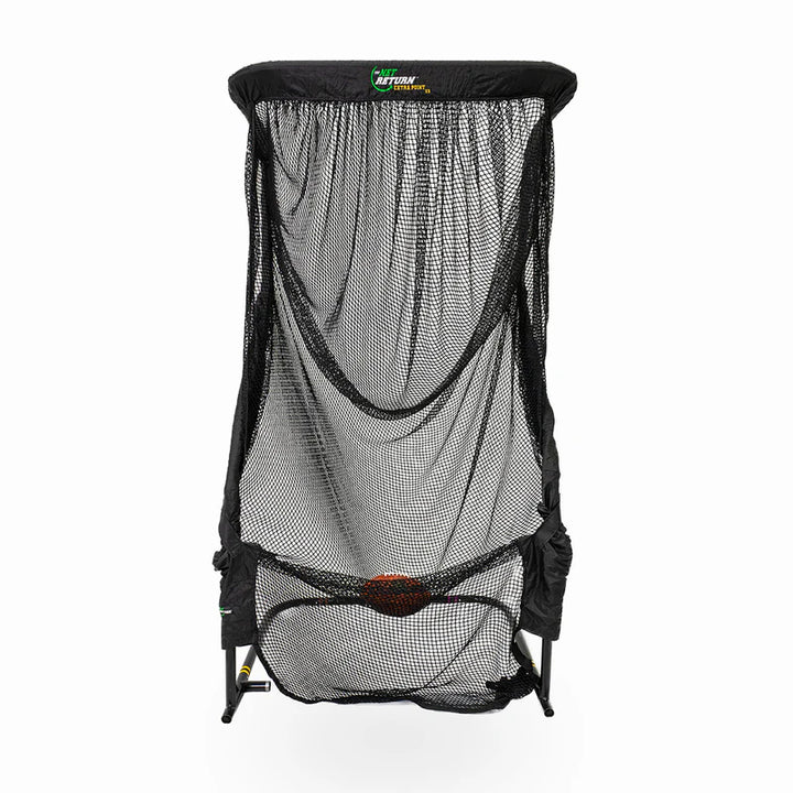 Front view of the Net Return Extra Point Kicking Net with football in the Kick n’ Catch pocket – pro football training net with automatic ball return