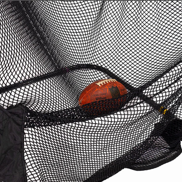 Close-up of the Net Return Extra Point Kicking Net Kick n’ Catch feature with football secured in front pocket, preventing muddy or wet ball contact