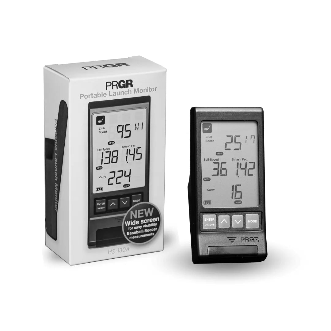 PRGR HS-130A Portable Launch Monitor with widescreen display shown next to its retail box
