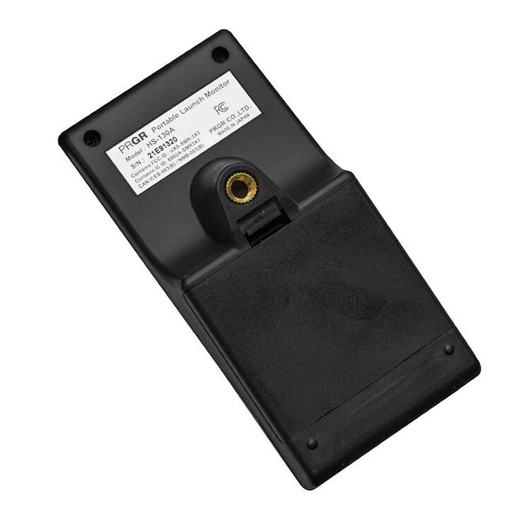 Back view of PRGR HS-130A Portable Launch Monitor showing model label and tripod mount
