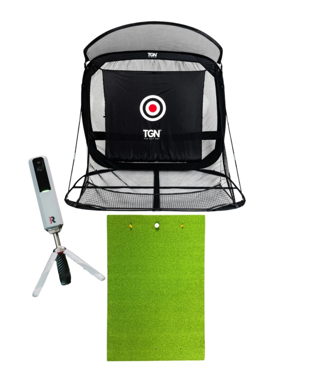 Golf practice net with remote control and green mat on a white background
