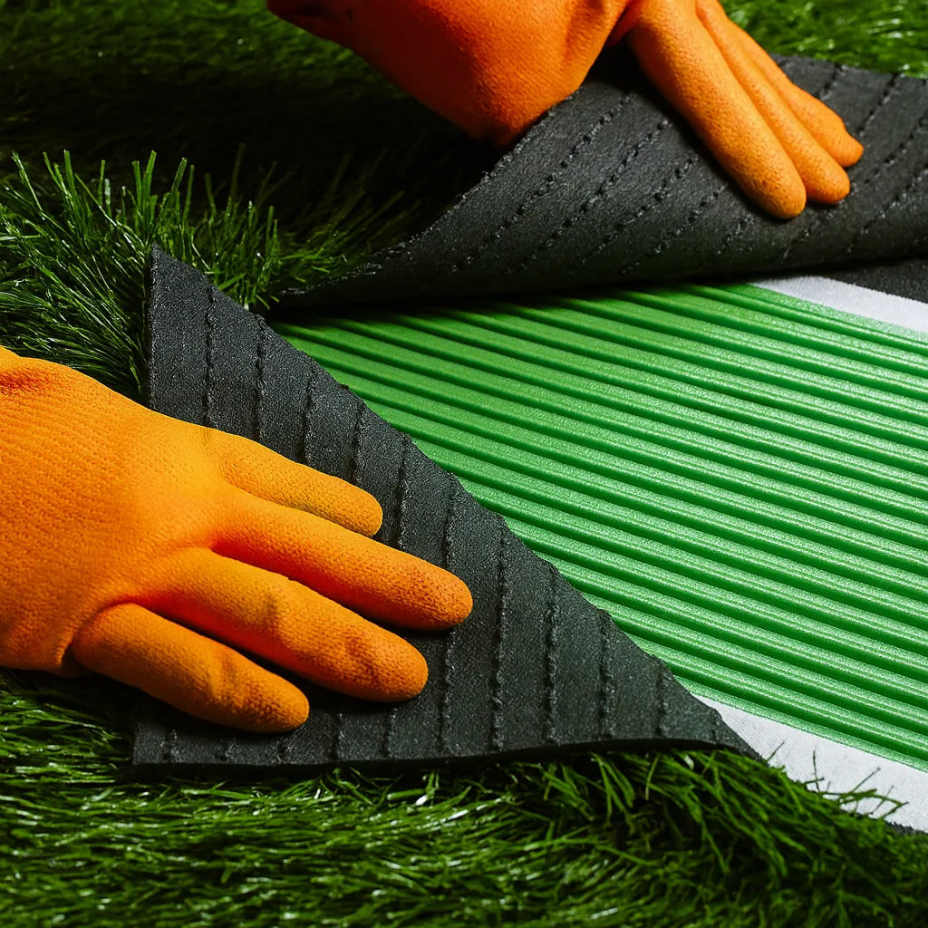 Hands installing artificial grass seam using underlay and seam tape during turf joining process.