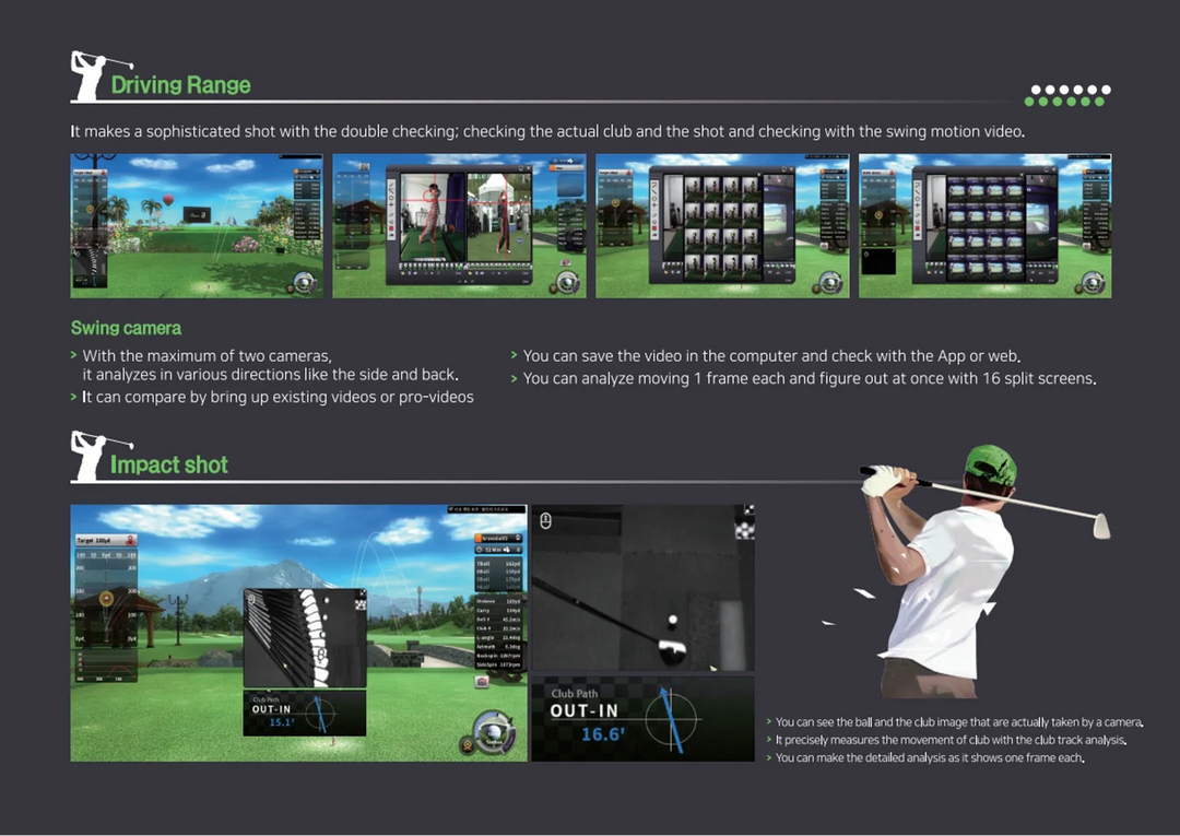Bravo Golf Simulator driving range and swing camera analysis – precise club and ball tracking for realistic golf practice indoors
