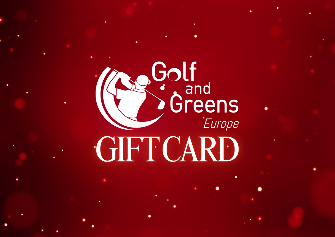 Gift card for Golf and Greens Europe on a red background with white text and logo.