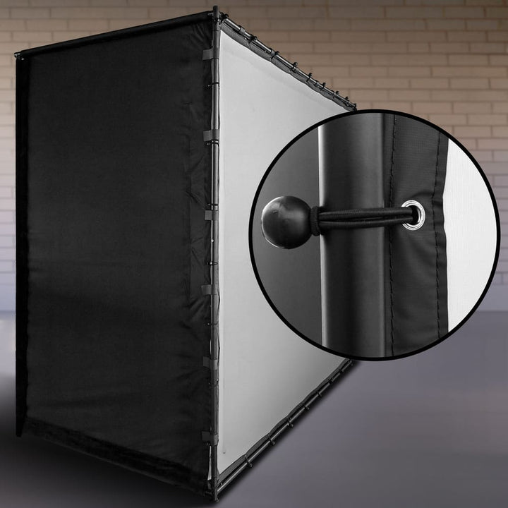 Rear view of the impact screen, black surround and bungee fastening detail