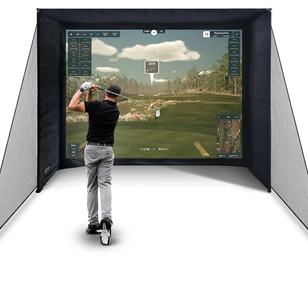 SLIM DIY golf simulator enclosure with extended side netting and golfer