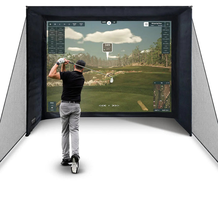 SLIM DIY golf simulator enclosure with extended side netting and golfer