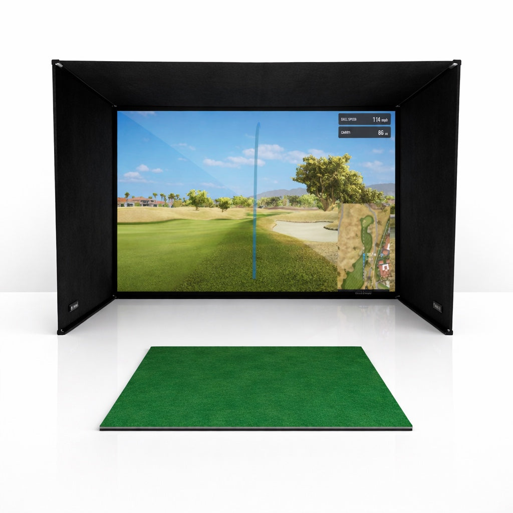 DIY golf simulator enclosure with black surround, projected course and separate hitting mat
