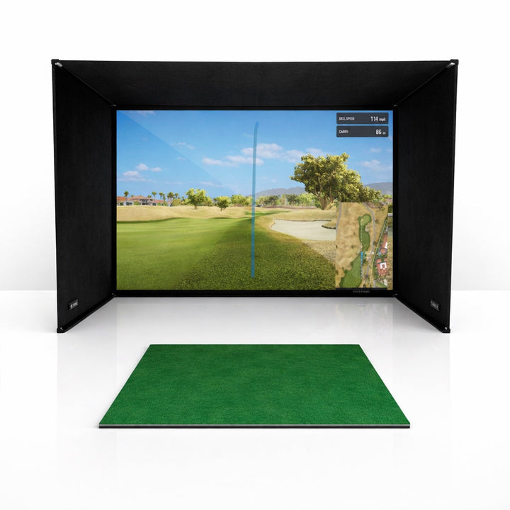 DIY golf simulator enclosure with black surround, projected course and separate hitting mat
