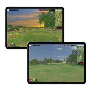 E6 Connect golf courses displayed on tablet with FlightScope Mevo Gen2 launch monitor – Golf & Greens
