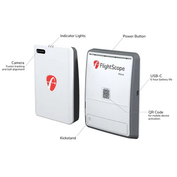 Annotated diagram of FlightScope Mevo Gen2 showing camera, kickstand, USB-C, and QR code – Golf & Greens