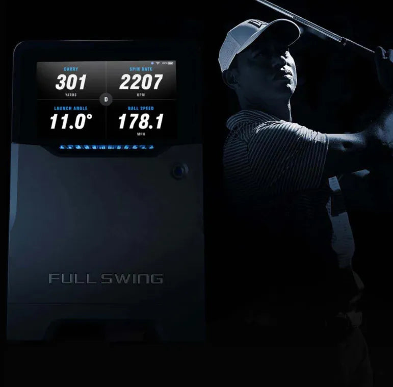 Ball launch with the Full Swing launch monitor, Tiger Woods in the background, dark ambiance.