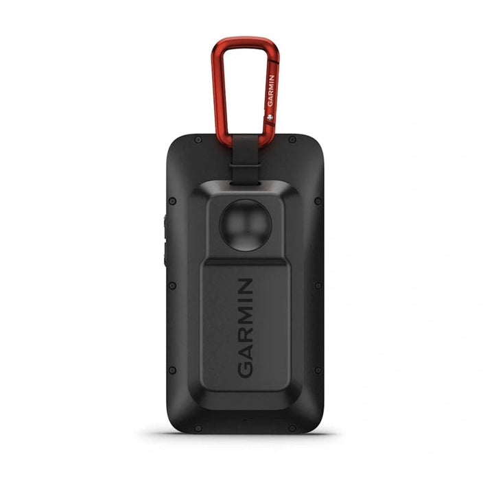 Black Garmin device with a red carabiner on a white background