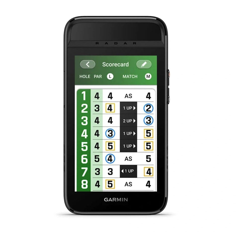 Launch monitor Garmin displaying a golf scorecard app