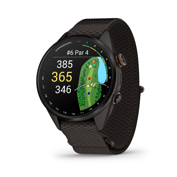 Garmin Approach S72 43 mm Carbon Gray Heritage Bronze angled view with course GPS map and distances 
