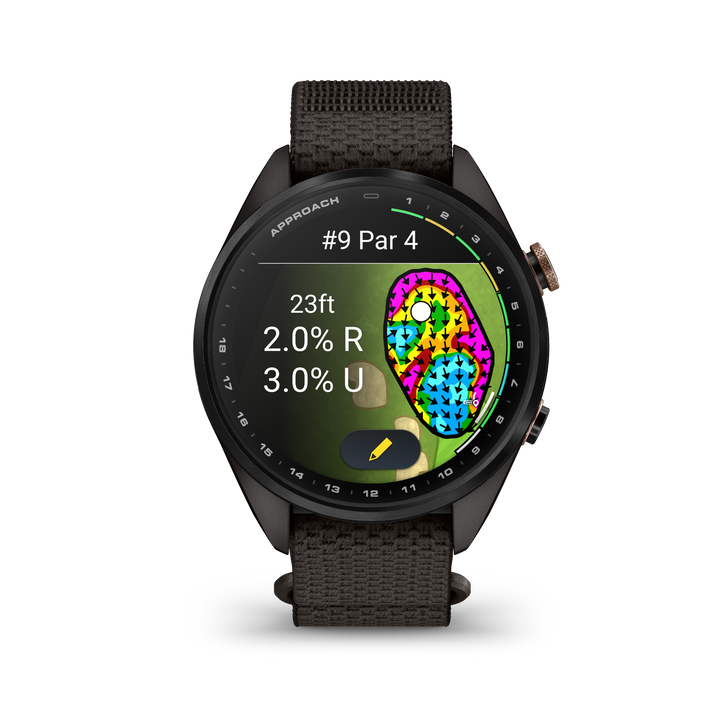 Garmin Approach S72 43 mm Carbon Gray Heritage Bronze front view displaying green reading and putting slopes 