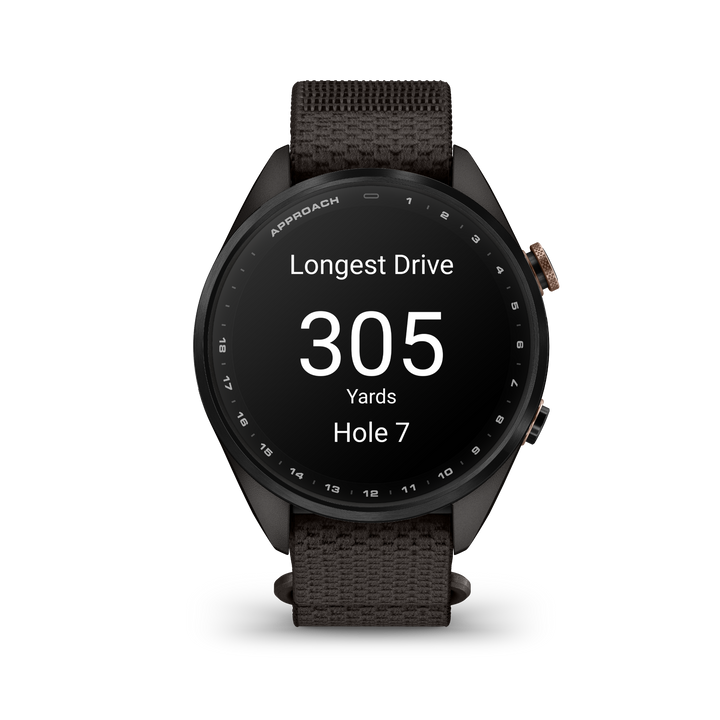 Garmin Approach S72 43 mm Carbon Gray Heritage Bronze front view displaying longest drive golf round statistic 