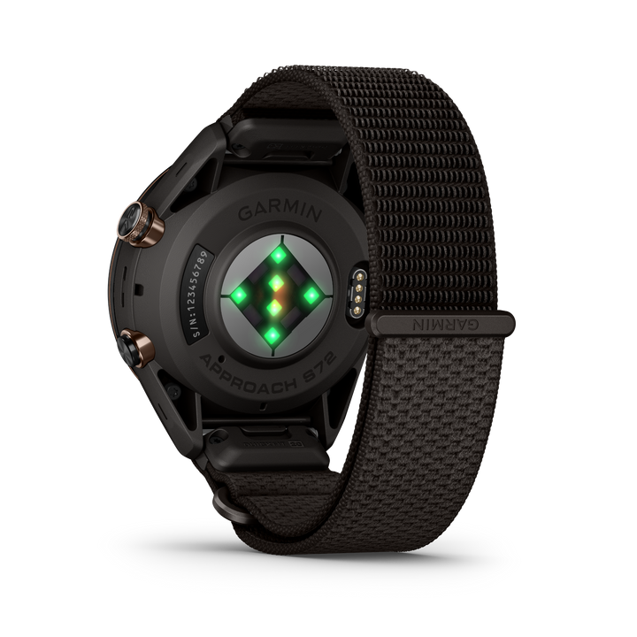 Garmin Approach S72 43 mm Carbon Gray Heritage Bronze rear view with optical sensors and gray fabric ComfortFit strap 