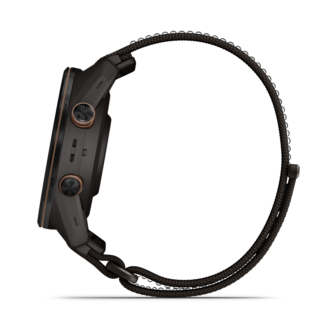 Garmin Approach S72 43 mm Carbon Gray Heritage Bronze side profile showing titanium bezel and gray ComfortFit strap 