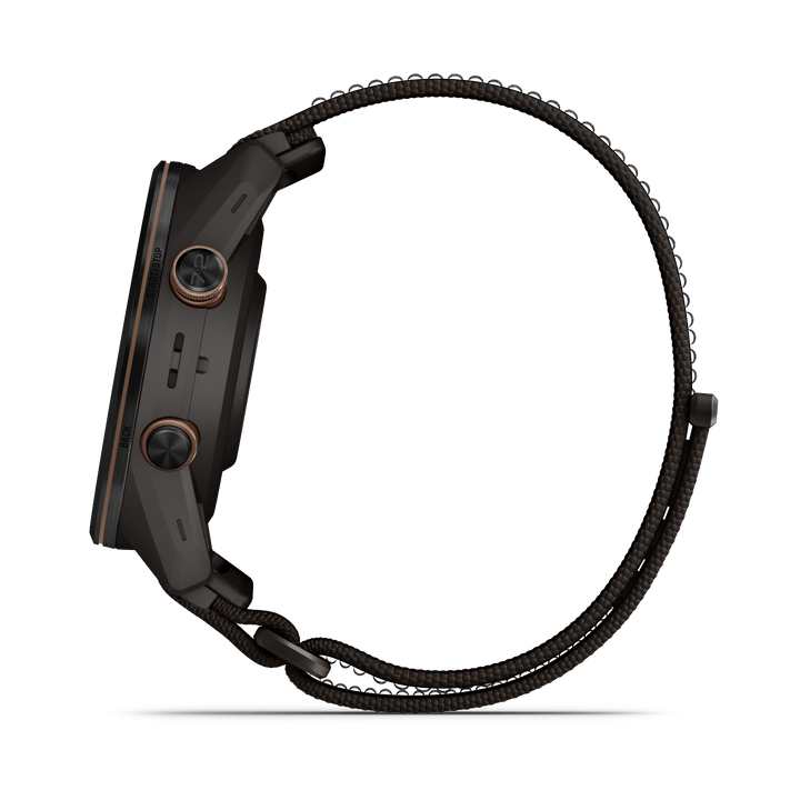 Garmin Approach S72 43 mm Carbon Gray Heritage Bronze side profile showing titanium bezel and gray ComfortFit strap 