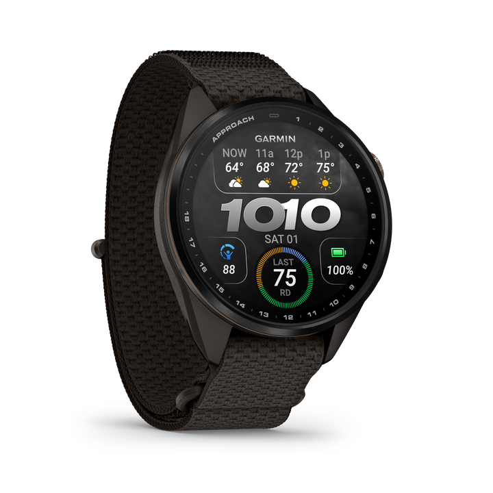 Garmin Approach S72 43 mm Carbon Gray Heritage Bronze front-right view showing AMOLED smartwatch face 
