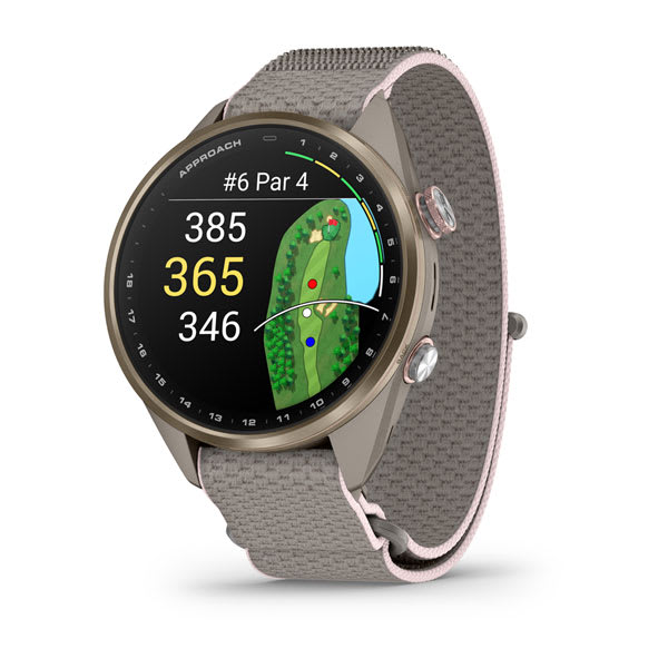 Garmin Approach S72 43 mm Soft Gold Blush Pink GPS golf watch, official front image 
