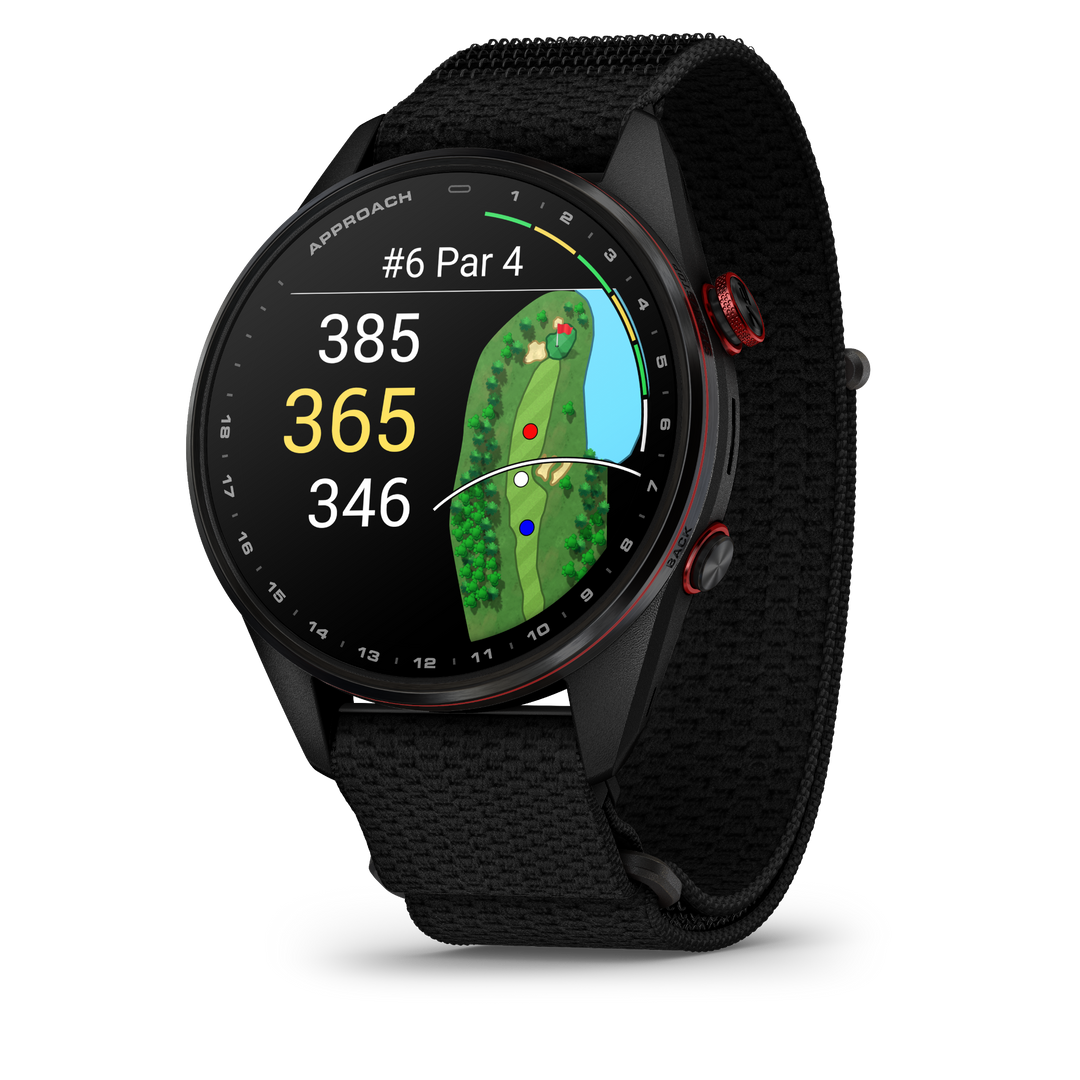 Garmin Approach S72 47 mm Carbon Gray Red DLC, three-quarter view showing golf course map and distances 