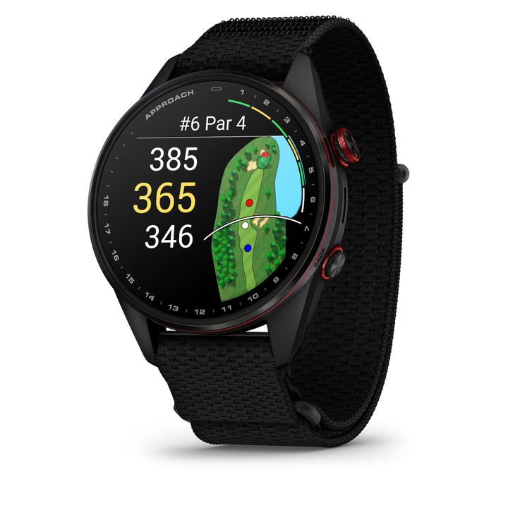 Garmin Approach S72 47 mm Carbon Gray Red DLC, three-quarter view showing golf course map and distances 