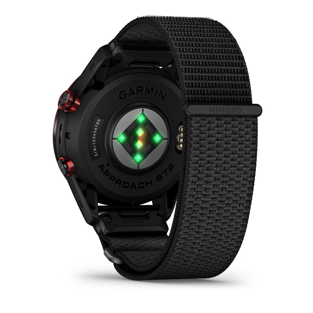 Garmin Approach S72 47 mm Carbon Gray Red DLC, rear view with optical sensors and black ComfortFit strap 