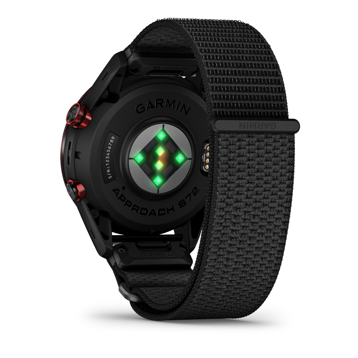 Garmin Approach S72 47 mm Carbon Gray Red DLC, rear view with optical sensors and black ComfortFit strap 