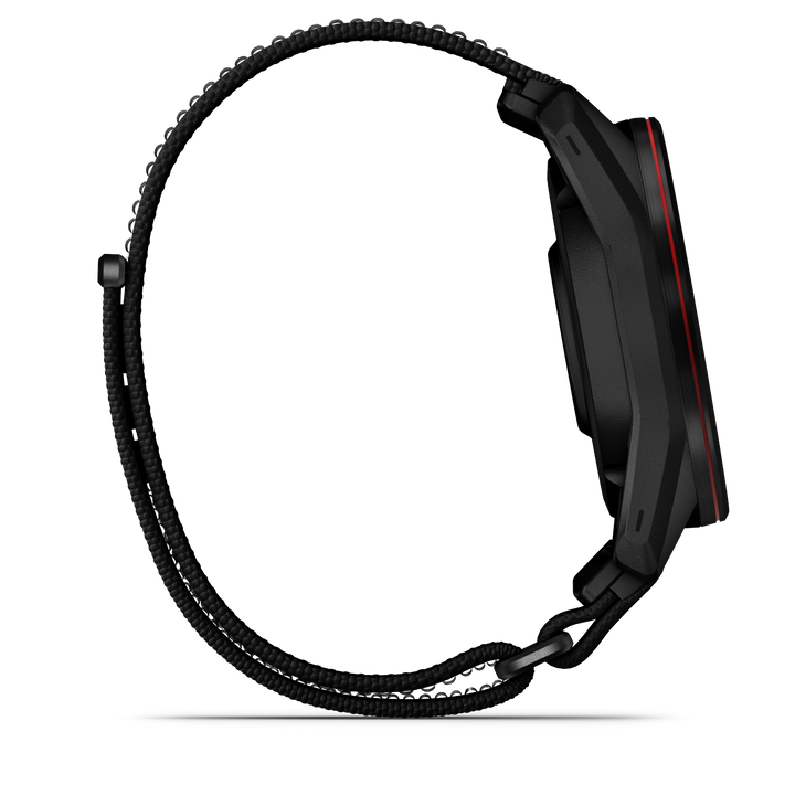 Garmin Approach S72 47 mm Carbon Gray Red DLC, side profile with red-accented bezel and black fabric strap 