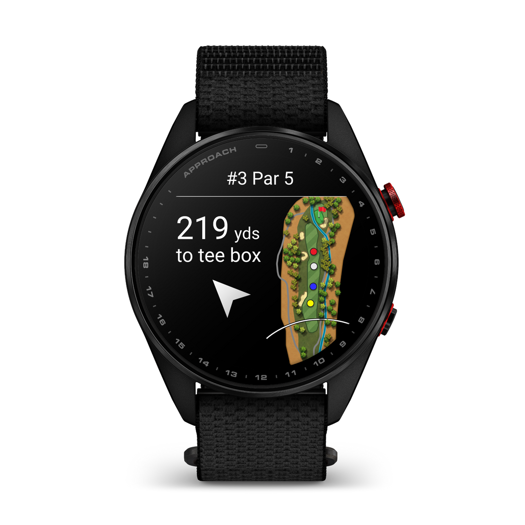 Garmin Approach S72 47 mm Carbon Gray Red DLC, front view showing tee box GPS navigation 