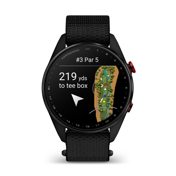 Garmin Approach S72 47 mm Carbon Gray Red DLC, front view showing tee box GPS navigation 