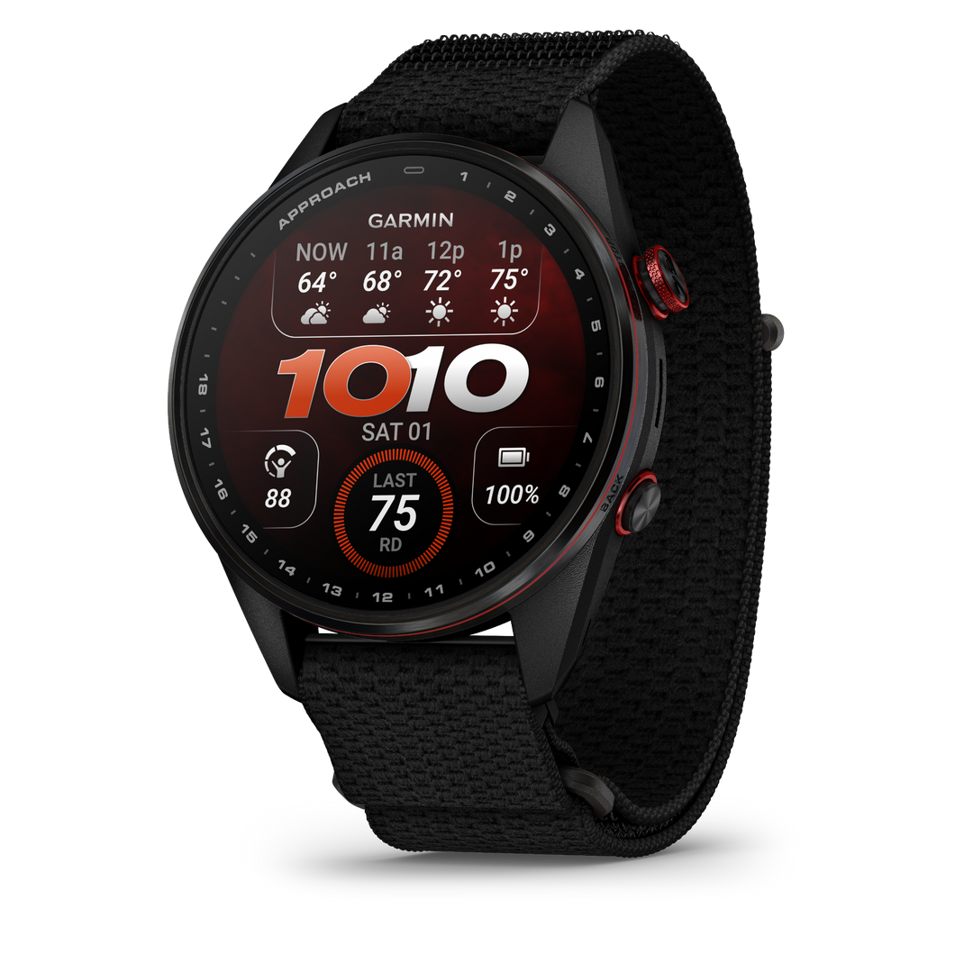 Garmin Approach S72 47 mm Carbon Gray Red DLC, front-left view with red smartwatch watch face 