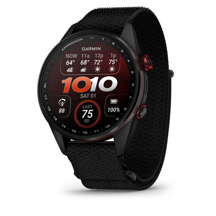 Garmin Approach S72 47 mm Carbon Gray Red DLC, front-left view with red smartwatch watch face 