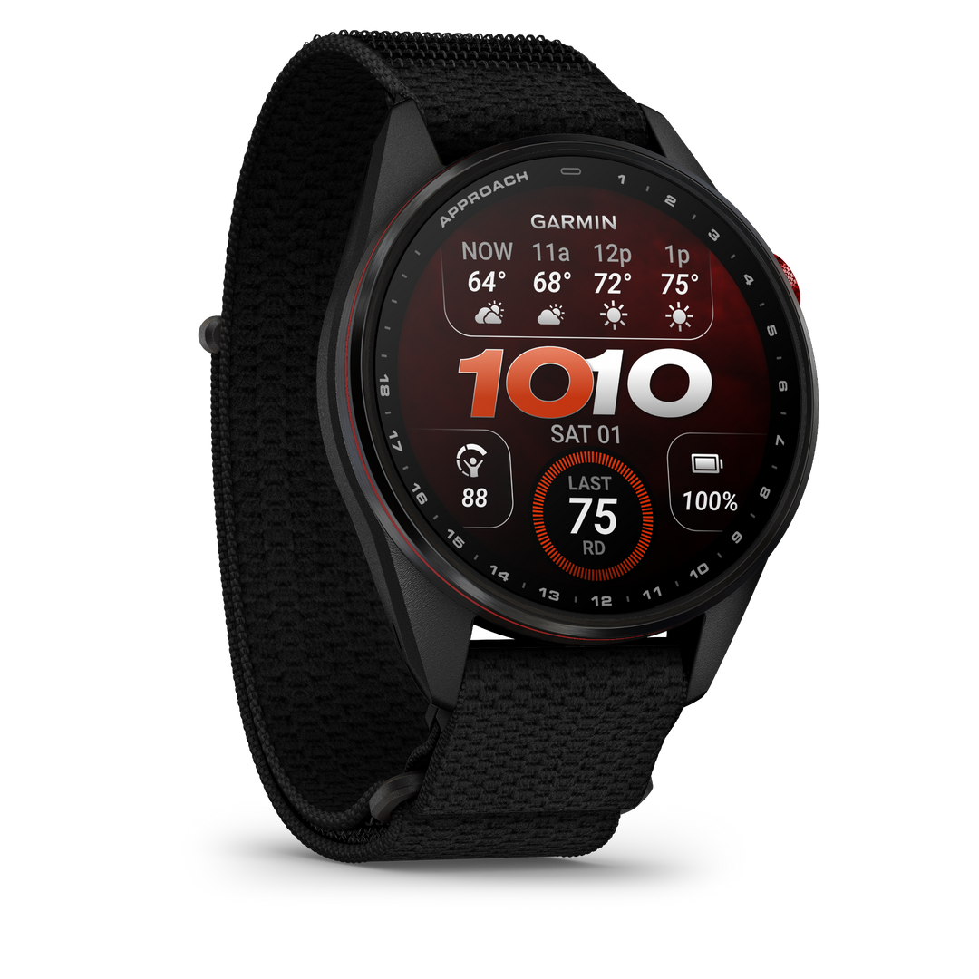 Garmin Approach S72 47 mm Carbon Gray Red DLC, front-right angle showing smartwatch display 