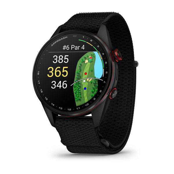 Garmin Approach S72 47 mm Carbon Gray Red GPS golf watch, front view 