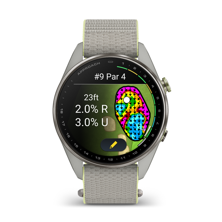 Garmin Approach S72 47 mm Silver Citron – front view with GPS green slope reading and fog grey citron ComfortFit strap 